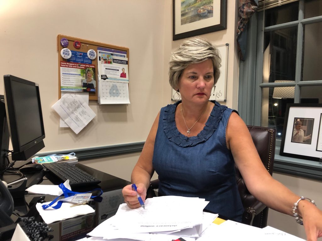 IMG_3255 Stat Sen. Laure Sturgeon says the transition from teacher to state lawmaker has been challenging but 'I finally feel like I’m getting it.' (Cris Barrish/WHYY)