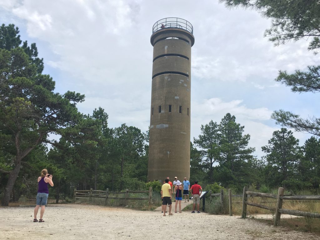 IMG_4368 Observation Tower 7 is a fire control tower that was used at Fort Miles to locate targets and direct the firing of guns. Visitors who climb to the top get a great look at the rest of the park and into the Delaware Bay. (Mark Eichmann/WHYY)