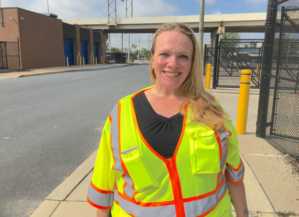 IMG_4428 Tina Hylton says cleaning up trash on the streets of Wilmington has helped her stay sober. She’s part of a pilot program called Work-a-Day Earn-a-Pay that’s being expanded statewide. (Mark Eichmann/WHYY)