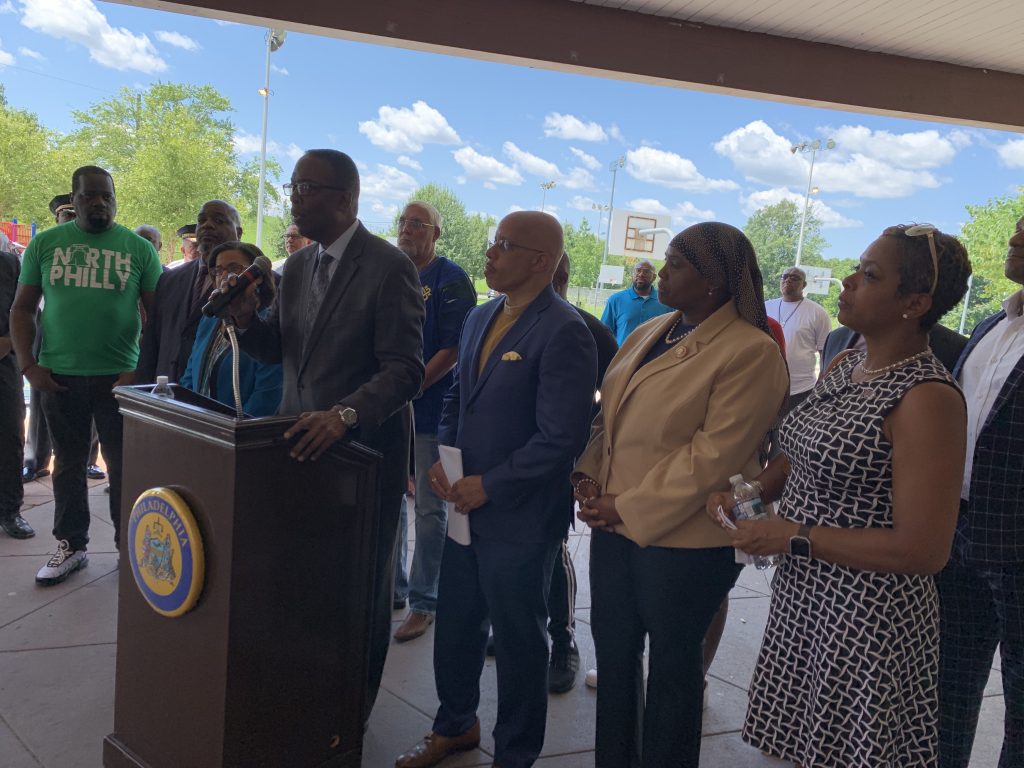 City Council President Darrell Clarke said Wednesday he plans to introduce a bill in September to ban guns, knives, and other deadly weapons at city parks, recreation centers, and playgrounds. Violators would be fined up to $2,000 dollars, face up 90 days in prison, or both. (Aaron Moselle/WHYY)