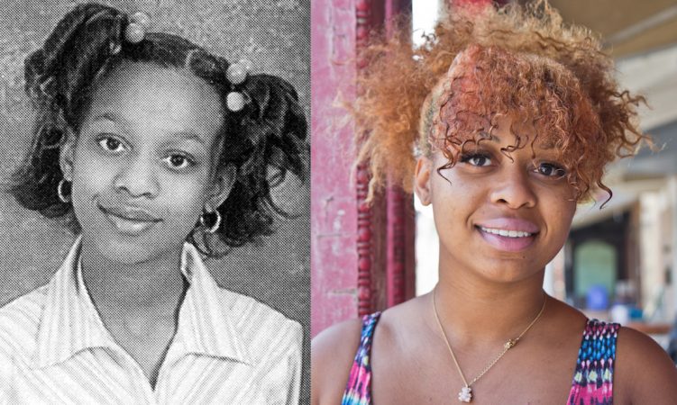Former KIPP student Jayauna Bullard shown here at ages 11 and 25. (KIPP Philadelphia 2004-05 yearbook (left) and Kim Paynter/Keystone Crossroads)