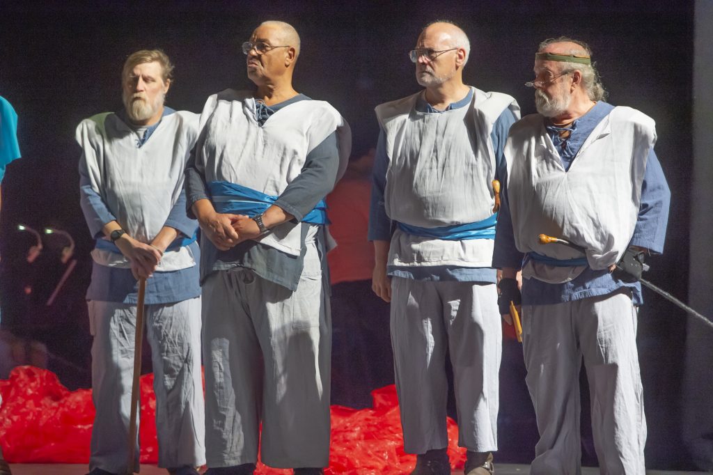 LEAR-VETS Four veterans portray soldiers in the Shakespeare in Clark Park production of King Lear; (from left) Nelson Hawthorne, Floyd Crump Jr., Sheldon Rich and John Kearney. (Jonathan Wilson for WHYY)