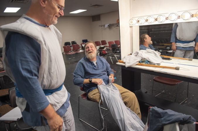 Sheldon Rich (left) and Nelson Hawthorne in the dressing room prior to the dress rehearsal of King Lear. (Jonathan Wilson for WHYY)