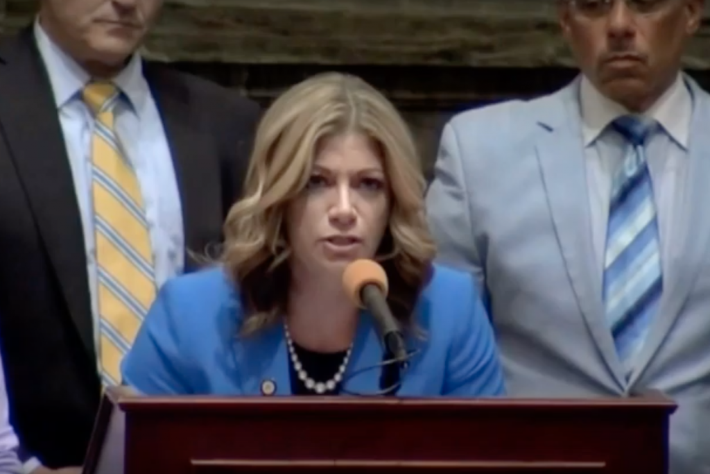 Screen Shot 2019-07-08 at 6.56.11 PM Pa. Sen. Katie Muth reading a letter from a homeless man on the Senate floor in Harrisburg. (Youtube/CBS Pittsburgh)