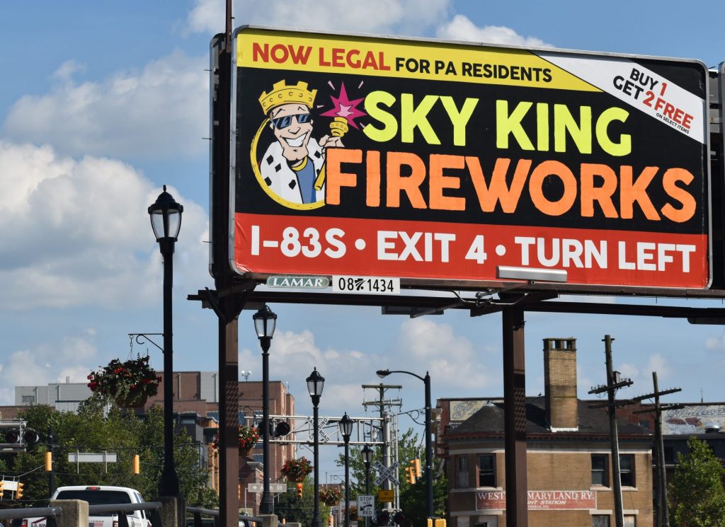 York-city-and-fireworks-3-1920×1396 A billboard in York city, seen on July 10, 2019, highlights a change in Pennsylvania that made consumer fireworks legal for Pennsylvania residents. (Ed Mahon/PA Post)
