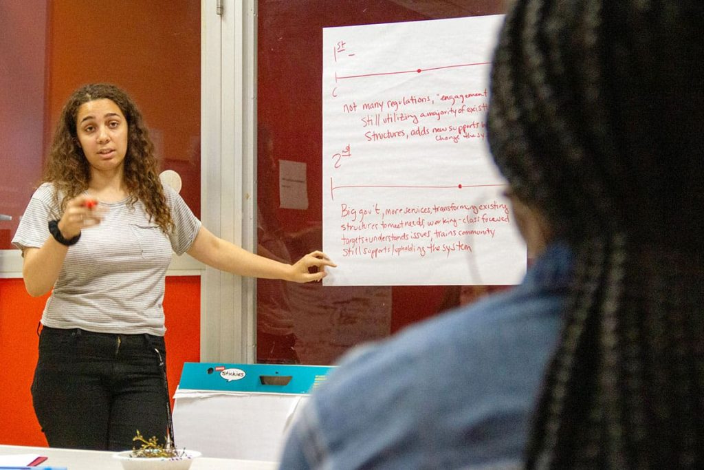 Youth-United-for-Change-VOTA-project Kat Engleman presents to members of the Youth United for Change alumni chapter on North Front Street on June 21, 2019. (Photo by Mohammad Alkhalaf)