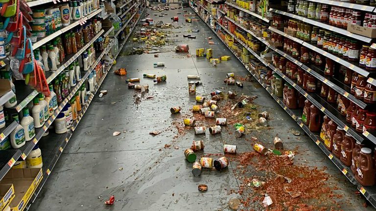 Food that fell from the shelves at a Walmart following an earthquake in Yucca Yalley, Calif., on Friday. (Chad Mayes via/AP Photo)