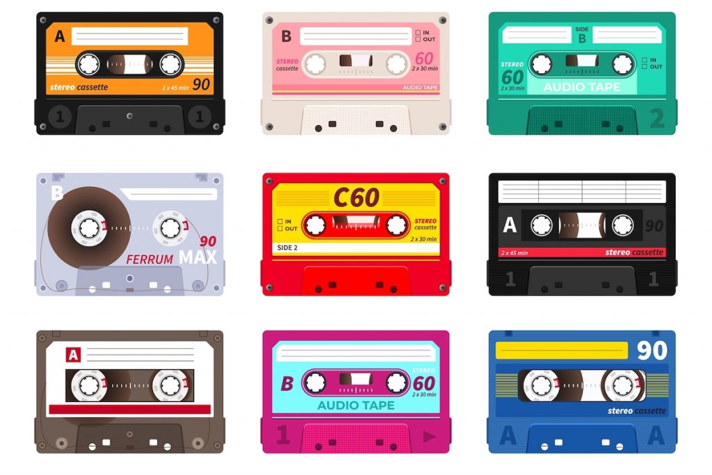 Retro Cassettes. Vintage 1980s Music Tape, Dj Rave Party Mix, Realistic Stereo Record Set. Vector Ol Image: SpicyTruffel/Bigstock