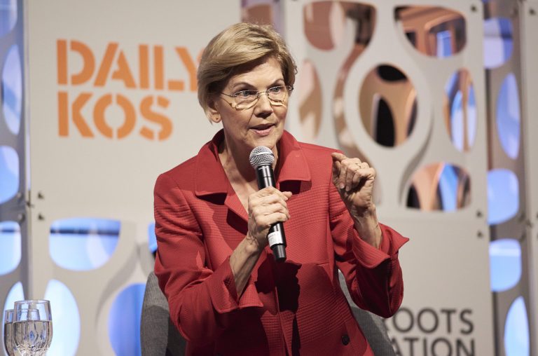 Sen. Elizabeth Warren speaks at the Netroots Nation candidate forum.
(Natalie Piserchio for NPR)