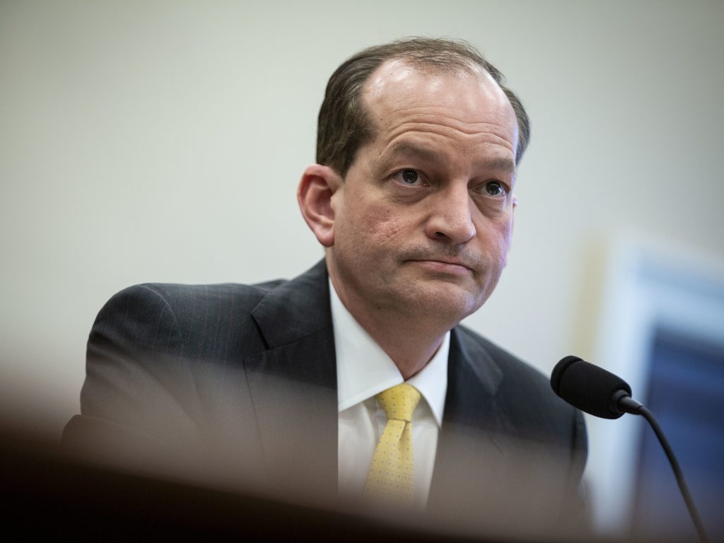 Labor Secretary Alexander Acosta testifies during a House Appropriations Committee hearing on April 3. Labor Secretary Alexander Acosta testifies during a House Appropriations Committee hearing on April 3. (Al Drago/Getty Images)