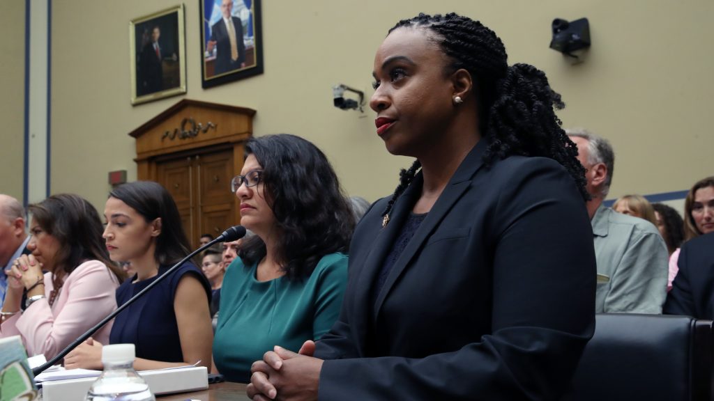 Reps. Veronica Escobar, D-Texas (left), Alexandria Ocasio-Cortez, D-N.Y., Rashida Tlaib, D-Mich., Ayanna Pressley, D-Mass., attend a House oversight hearing on conditions for detained migrants at the U.S.-Mexico border. Reps. Veronica Escobar, D-Texas (left), Alexandria Ocasio-Cortez, D-N.Y., Rashida Tlaib, D-Mich., Ayanna Pressley, D-Mass., attend a House oversight hearing on conditions for detained migrants at the U.S.-Mexico border. (Win McNamee/Getty Images)