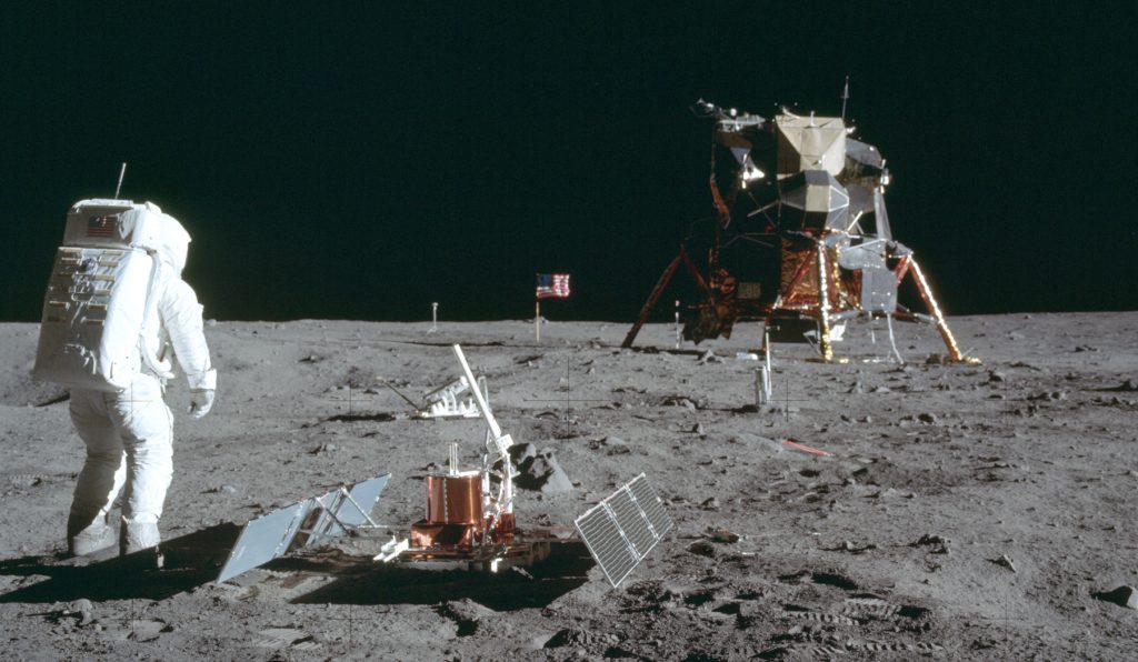 Moon Landing 50 Years In this July 20, 1969 photo made available by NASA, astronaut Buzz Aldrin Jr. stands next to the Passive Seismic Experiment device on the surface of the the moon during the Apollo 11 mission. (Neil Armstrong/NASA via AP)
