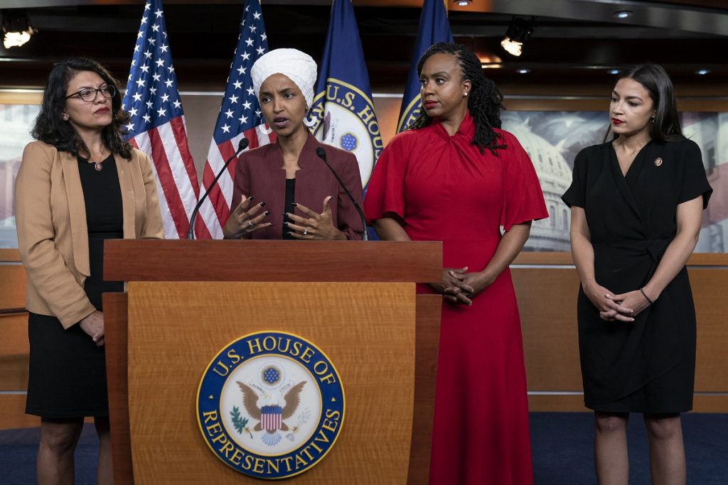Alexandria Ocasio-Cortez, Ayanna Pressley, Rashida Tlaib, Ilhan Omar From left, U.S. Reps. Rashida Tlaib, D-Mich., Ilhan Omar, D-Minn., Ayanna Pressley, D-Mass., and Alexandria Ocasio-Cortez, D-N.Y.,at a news conference at the Capitol in Washington, Monday, July 15, 2019. (AP Photo/J. Scott Applewhite)