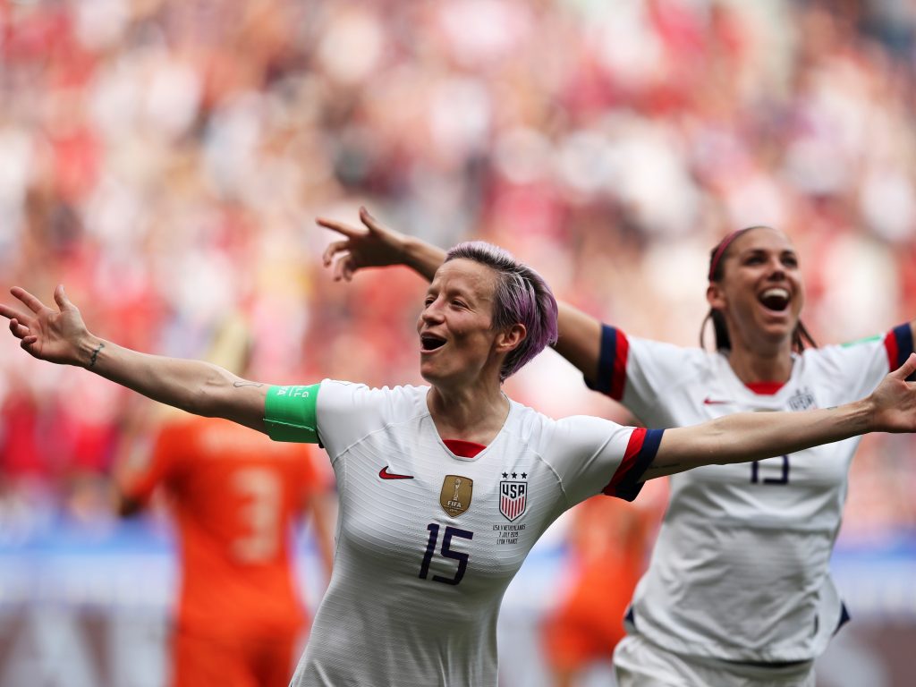 United States’ Megan Rapinoe celebrates after scoring the opening goal from the penalty spot during the Women’s World Cup final soccer match between U.S. and The Netherlands at the Stade de Lyon in Decines, outside Lyon, France on Sunday.