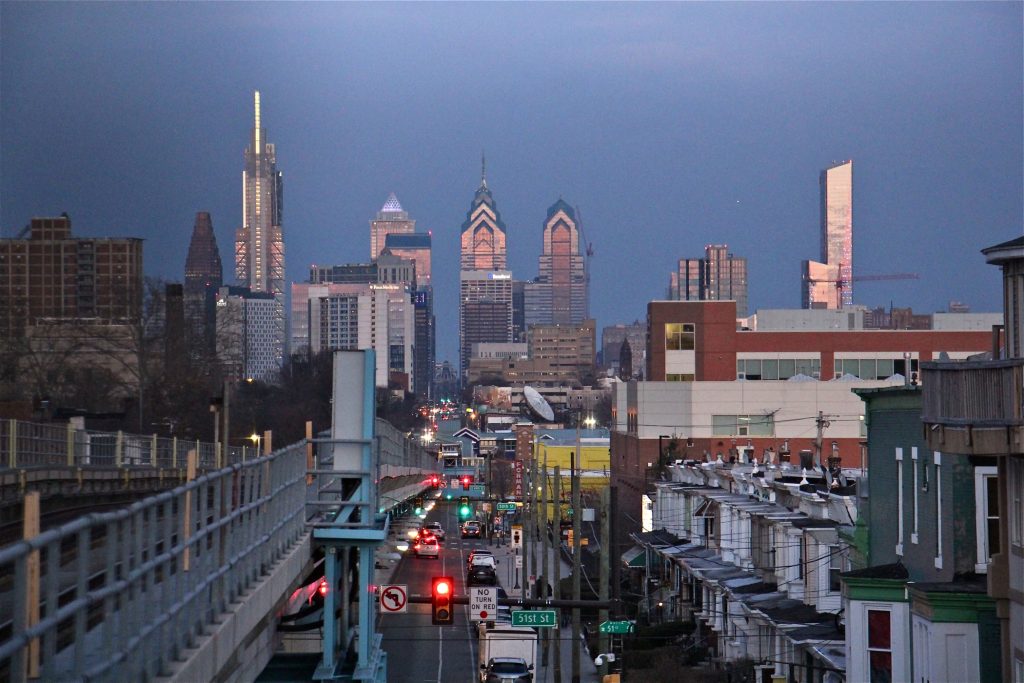 2019 03 18-e lee-philadelphia 52nd street el market frankford-skyline septa A view of the Philadelphia skyline from the 52nd Street station on the Market-Frankford elevated line in West Philadelphia. (Emma Lee/WHYY)