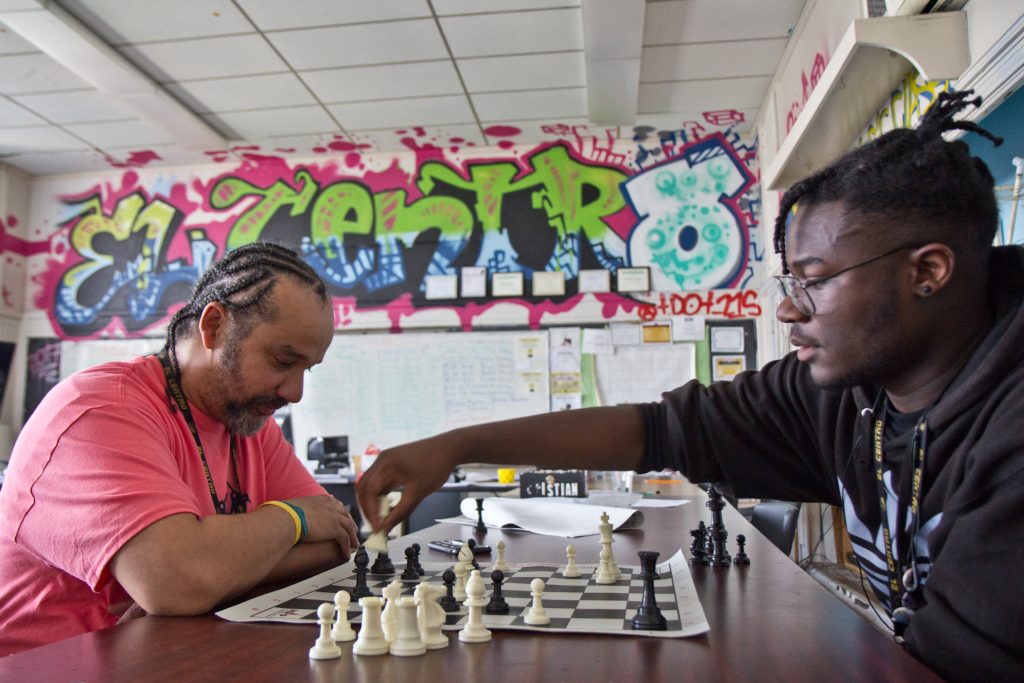 2019 05 29 el centro chess_-5 Doug Cox (left) teaches mathematics and engineering at El Centro. He also leads the Dark Knights chess club. (Kimberly Paynter/Keystone Crossroads)
