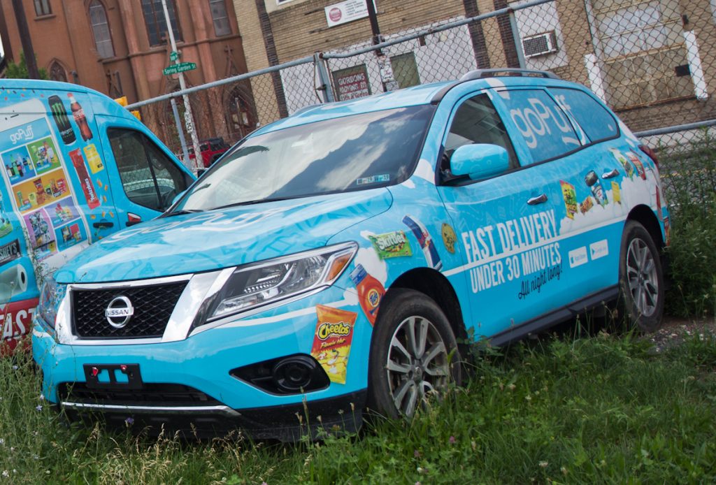 2019 07 05 k paynter go puff A small fleet of GoPuff delivery vehicles, parked outside their Philadelphia headquarters. (Kimberly Paynter/WHYY)