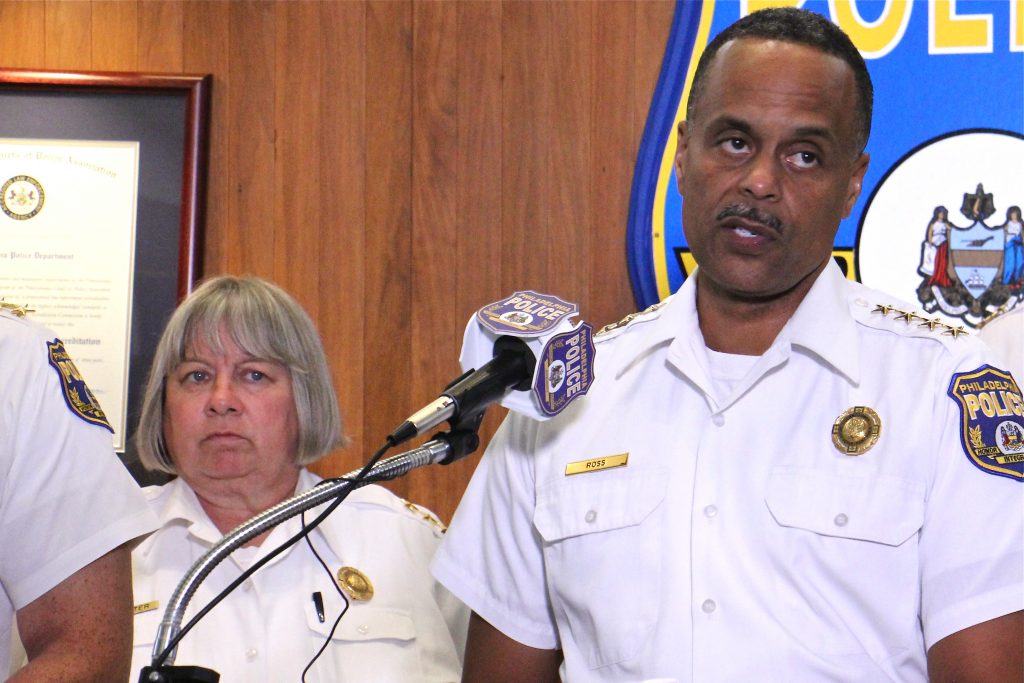 2019 07 18-e lee-christine coulter richard ross-philadelphia police headquarters Interim Philadelphia Police Commissioner Christine Coulter stands behind former Commissioner Richard Ross during a press conference addressing racist Facebook posts on July 18, 2019. (Emma Lee/WHYY)