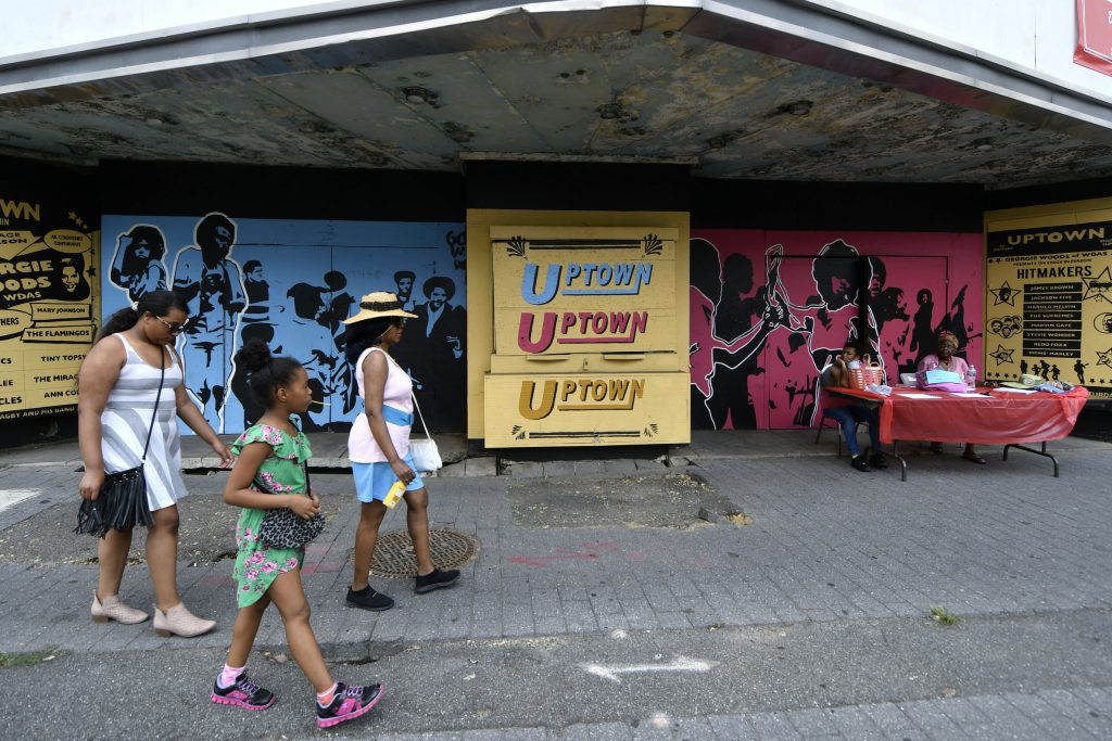 Philly Free Streets Takes over North Broad for a day People walk past the Uptown Theater on the 2200 block of North Broad Street. Visitors had the chance to see the theater from the inside during the annual Philly Free Streets event. (Bastiaan Slabbers for WHYY)