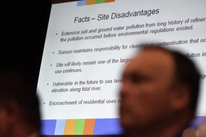 A presentation given by the city's advisory group touches on topics regarding the past and current status as well as 
what to do going forward regarding the Philadelphia Energy Solutions site (Bastiaan Slabbers for WHYY)