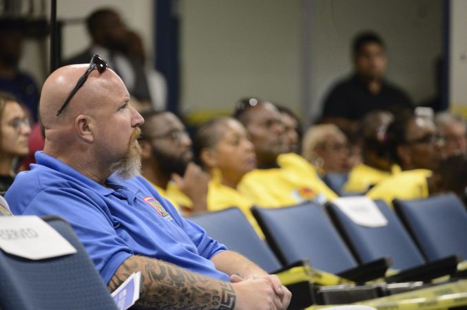 Community members in the audience listen during the first public meeting of the Philadelphia Energy Solutions refinery advisory group (Bastiaan Slabbers for WHYY)