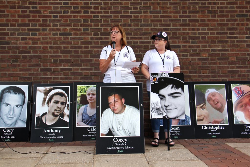 2019 08 19-e lee-philadelphia federal courthouse-safehouse supervised injection hearing Cheryl Juaire (left) and Tracy Martin of Team Sharing, a national support group for parents of overdose victims, speak at a rally outside the federal courthouse in Philadelphia in support of supervised injection sites. (Emma Lee/WHYY)