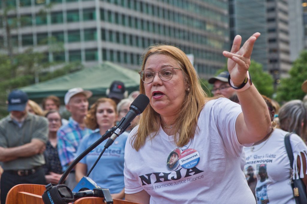 Alida Garcia’s son lost his life in 2015 when a gunman fired into his car with a semi-automatic weapon. She demanded leadership ban assault weapons. (Kimberly Paynter/WHYY)