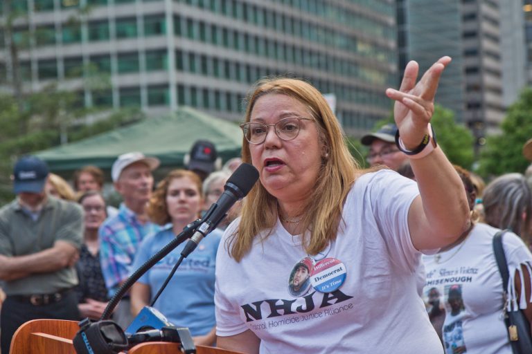 Alida Garcia’s son lost his life in 2015 when a gunman fired into his car with a semi-automatic weapon. She demanded leadership ban assault weapons. (Kimberly Paynter/WHYY)