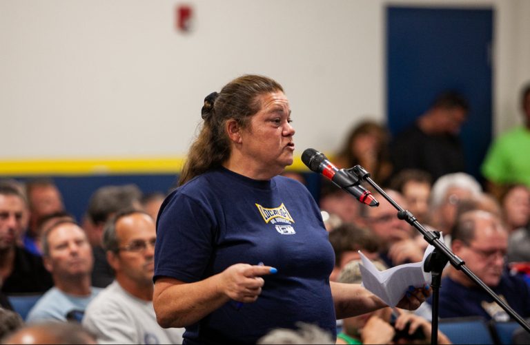 Patty Beach, a worker at the South Philadelphia refinery, makes her case to save her place of employment. (Brad Larrison for WHYY)