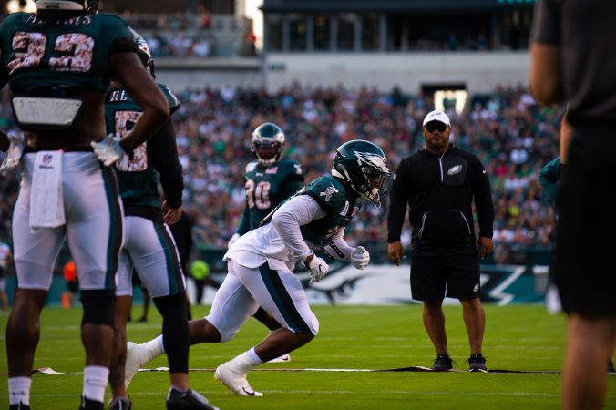 Philadelphia Eagles running back Miles Sanders runs drills on the field during open practice at Lincoln Financial Field on Sunday, August 4, 2019. (Kriston Jae Bethel for WHYY)