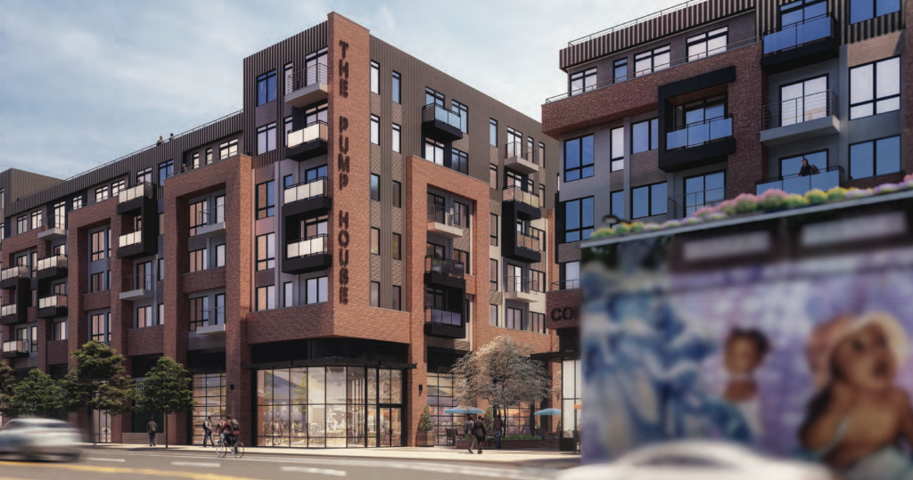 2157 Lehigh RENDERING An artist's rendering shows an apartment complex planned for 2157 E. Lehigh Ave. Some in the neighborhood want the wall running alongside the development on Lehigh to be torn down.(DesignBlendz/B.S.K.M./PlanPhilly.)