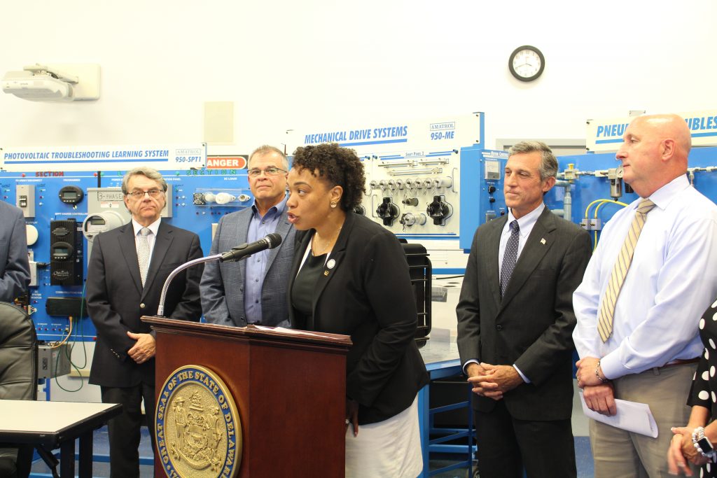 48543917641_1f8c550fbb_o State Rep. Melissa Minor-Brown speaks at a bill signing ceremony at Delaware Technical Community College’s Innovation and Technology Center in New Castle. (Courtesy of Gov. Carney staff)