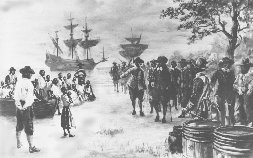 Watchf AP A VA United States APHS147 VIRGINIA 1619 SLAVE TRADE This painting by Sidney King depicts Virginia in 1619 as a Dutch frigate docks at Point Comfort bringing 20 African slaves to be traded to the settlers for food. (AP Photo)