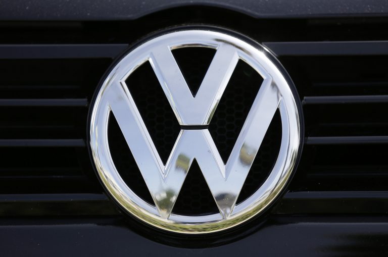 This Sept. 21, 2015, file photo, shows the Volkswagen logo on a car for sale at New Century Volkswagen dealership in Glendale, Calif. (Damian Dovarganes/AP Photo)
