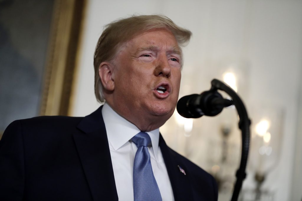 President Donald Trump speaks about the mass shootings in El Paso, Texas and Dayton, Ohio, in the Diplomatic Reception Room of the White House, Monday, Aug. 5, 2019, in Washington. (Evan Vucci/AP Photo)