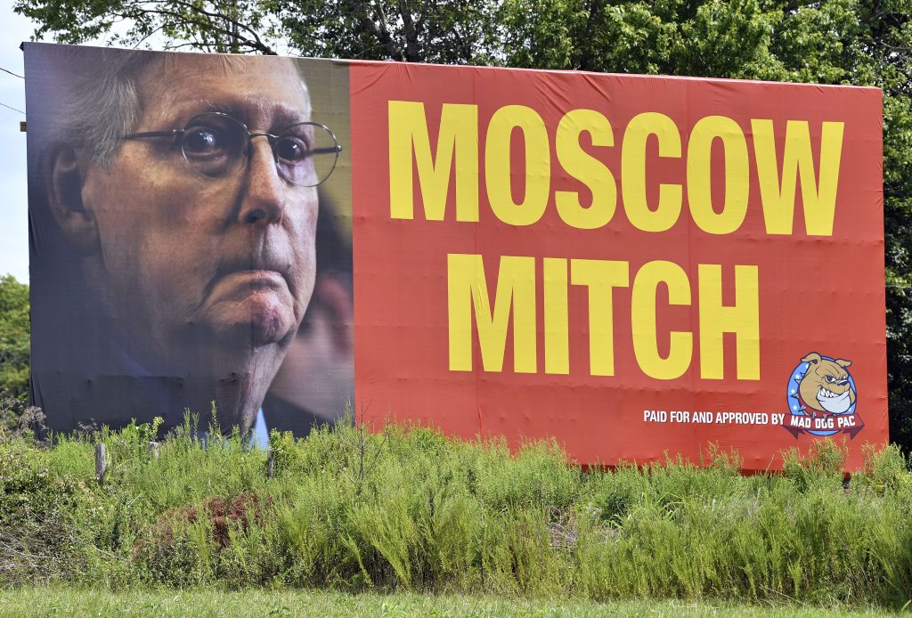 McConnell Billboard A billboard in Horse Cave, Ky., referring to Senate Majority Leader Mitch McConnell, R-Ky. as Moscow Mitch has been erected on northbound I-65 Tuesday, Aug. 13, 2019. (AP Photo/Timothy D. Easley)