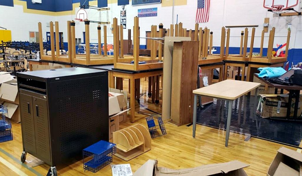 Bayard 7 Chairs, desks and other equipment cluttered the gymnasium at Bayard on Aug. 16, four days after school opened. (Courtesy of Sherry Dorsey Walker)