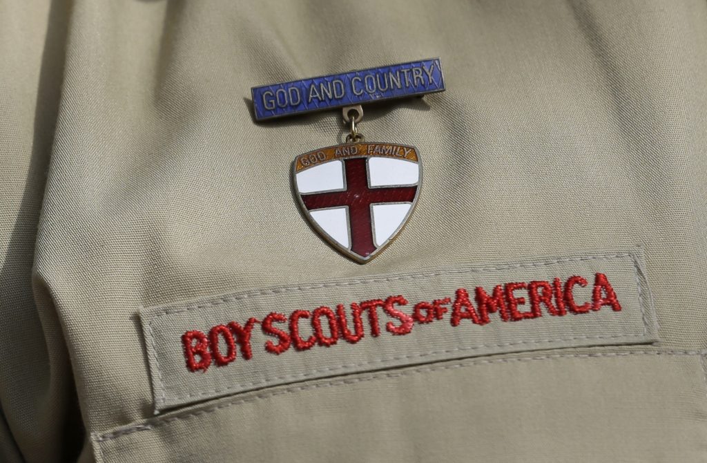Boy Scouts Sex Abuse Prevention This Feb. 4, 2013 file photo shows a meal pin on a Boy Scout's uniform in Irving, Texas. (Tony Gutierrez/AP Photo)