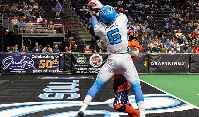 Game notes website The Philadelphia Soul’s Darius Prince makes a touchdown catch in 2019 season regular game. (Courtesy of The Philadelphia Soul)