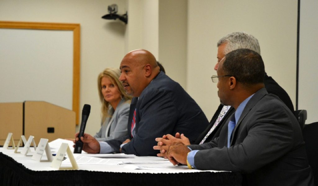 Wetzel-1920×1125 Department of Corrections Secretary John Wetzel, center, talks to reporters Aug. 28, 2019. (Brett Sholtis/WITF)