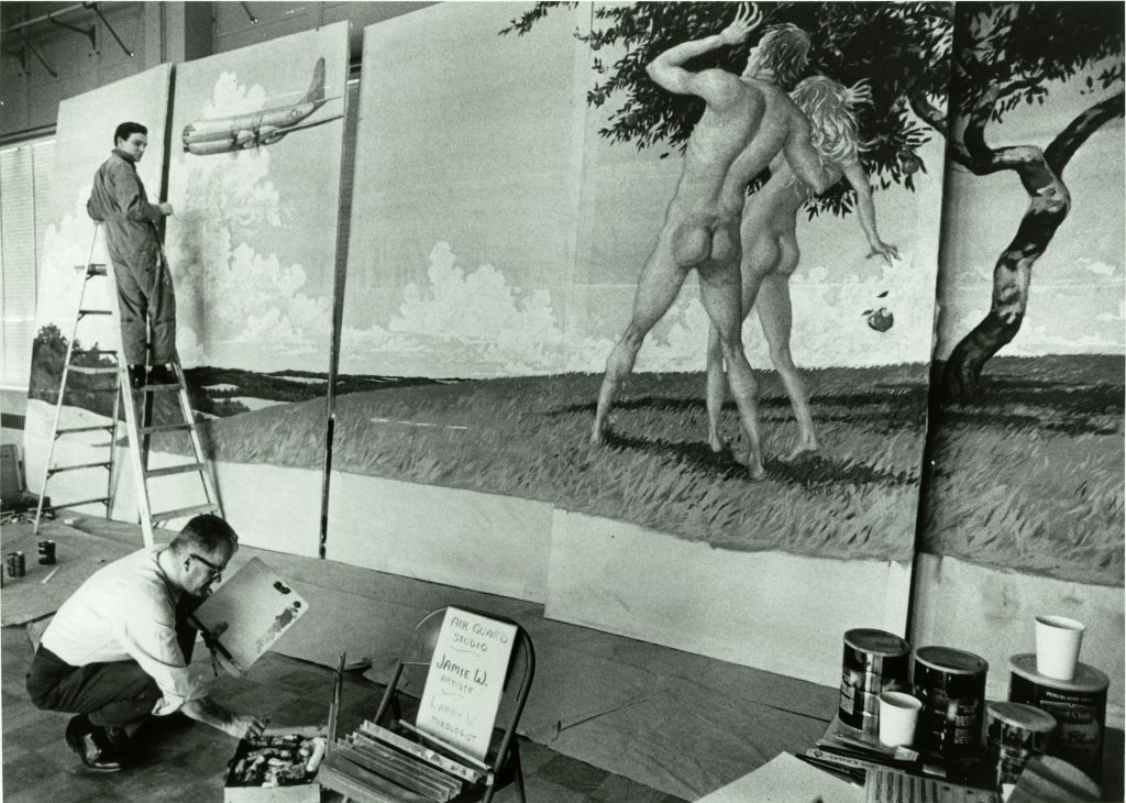 Wyeth-on-ladder-big-1 Jamie Wyeth, then in his early 20s, works from a stepladder while creating the mural for the Delaware Air National Guard. (Courtesy of Jamie Wyeth)