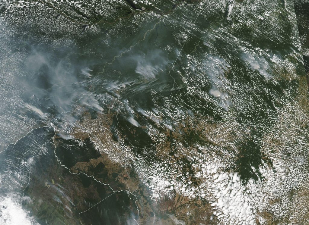 Several of the fires burning in the Amazon rainforest can be seen even from space, as evidenced by this satellite image provided by NASA earlier this month. Brazil’s National Institute for Space Research said the country has seen a record number of wildfires this year. Several of the fires burning in the Amazon rainforest can be seen even from space, as evidenced by this satellite image provided by NASA earlier this month. Brazil's National Institute for Space Research said the country has seen a record number of wildfires this year.
(NASA via AP)