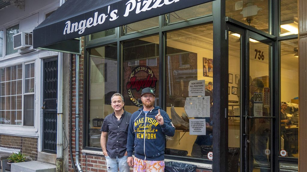 bradspencepaintings-danyahenninger-04crop Front-of-house expert Martin Cugine and chef Brad Spence outside Angelo's in South Philly (Danya Henninger/Billy Penn)