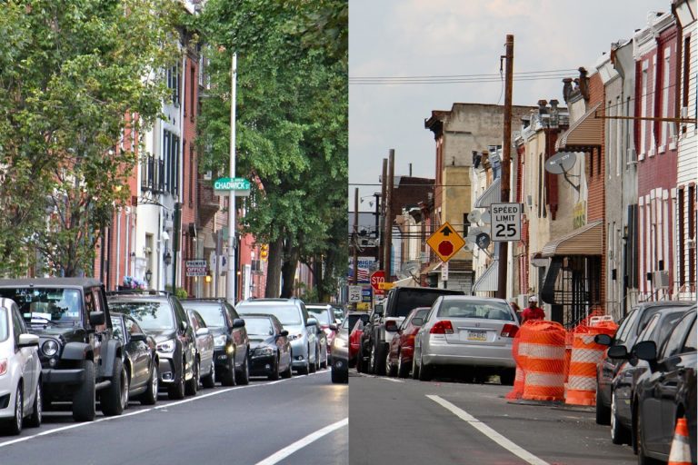 Leafy Pine Street in Center City is contrasted with treeless North 5th Street in Hunting Park. (Emma Lee/WHYY)