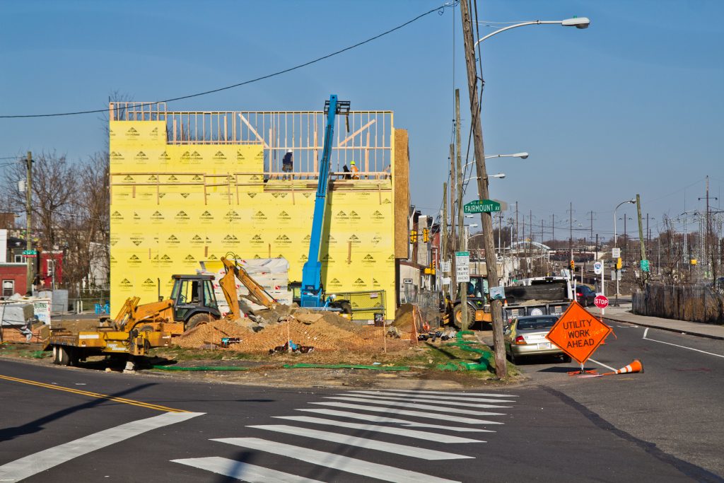 Construction at 3300 Mantua Avenue. (Kimberly Paynter/WHYY) 3300 Mantua Avenue is one of many new developments utilizing wood frames. (Kimberly Paynter/WHYY)