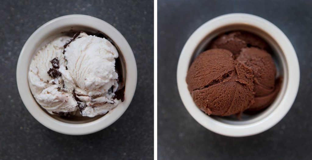 Two scoops of Perfect Day’s vegan ice cream, made with synthetic whey proteins. Protein from whey, a byproduct of cheese-making, is often used to give frozen desserts a creamy texture. Perfect Day makes its whey proteins using microbes. Two scoops of Perfect Day's vegan ice cream, made with synthetic whey proteins. Protein from whey, a byproduct of cheese-making, is often used to give frozen desserts a creamy texture. Perfect Day makes its whey proteins using microbes. (Olivia Falcigno/NPR)