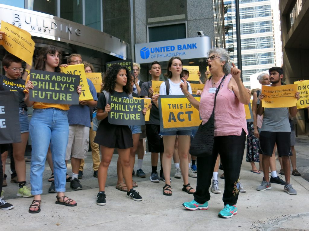 The Sunrise Movement has organized protests like this one in July in Philadelphia to pressure the Democratic National Committee to hold a primary debate focused on climate change. The Sunrise Movement organized protests like this one in July 2019 in Philadelphia to pressure the Democratic National Committee to hold a primary debate focused on climate change. (Jeff Brady/NPR)