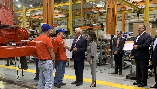 Vice President Mike Pence got a tour of a crane manufacturing facility in Pennsylvania on Thursday morning. (Katie Meyer/WITF)