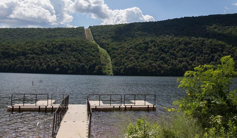 File photo: In the distance, construction of the Mariner East 2 pipeline at Raystown Lake Recreation Area in Huntingdon County, Pennsylvania. (StateImpact Pennsylvania/Lindsay Lazarski)