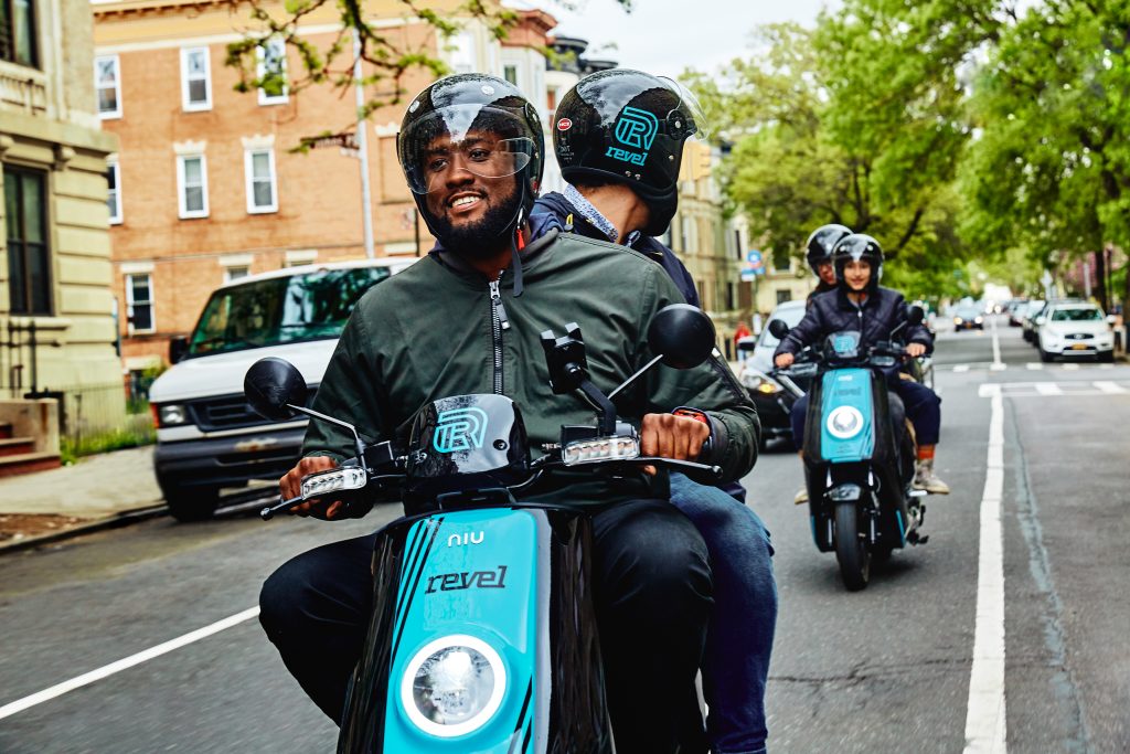 revel1 Riders cruise through Brooklyn on Revel mopeds. (Courtesy of Revel)